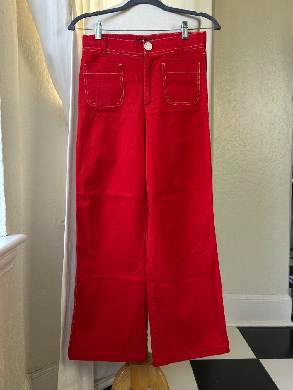Zara TRF Red Wide Leg Flare Pants XS High Rise White Stitch 70s Retro